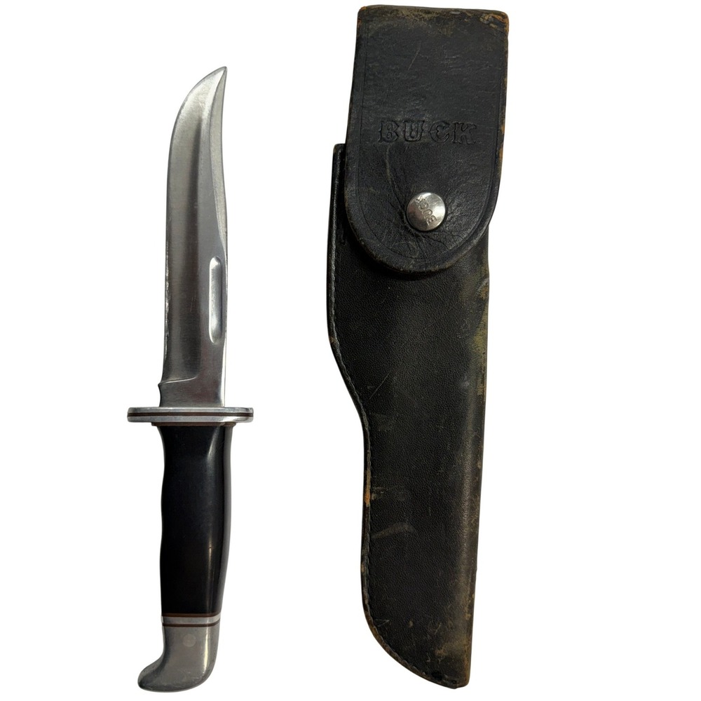 Vintage Buck Fixed Blade Hunting Knife Black Handle Leather Sheath Collectible
